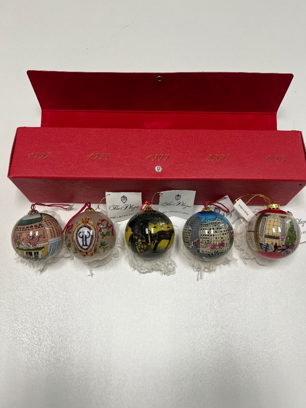 0060 The Plaza Hotel 1997-2001 Hand Painted Glass Christmas Ornaments Set of 5